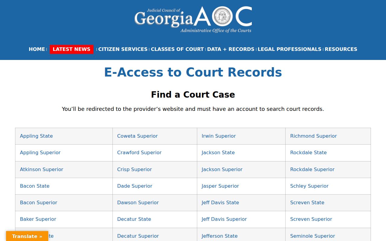 Georgia E-Access Court Records page listing Camden Superior Court
