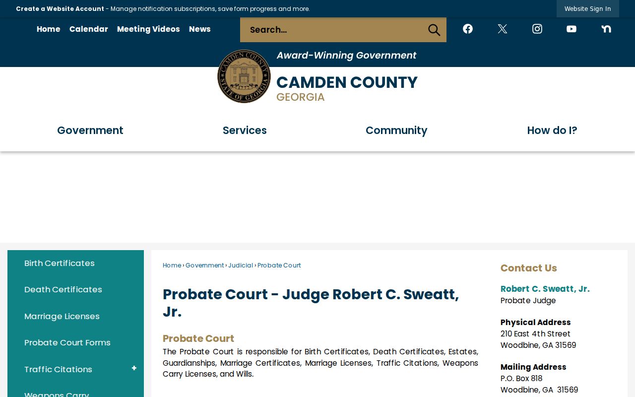 Camden County Probate Court official services page