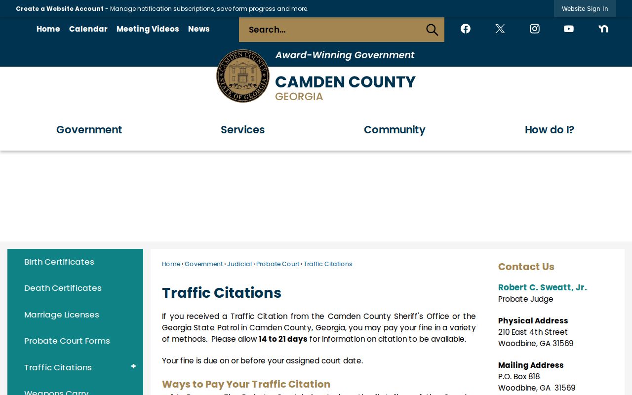 Camden County traffic court records and Probate citation instructions